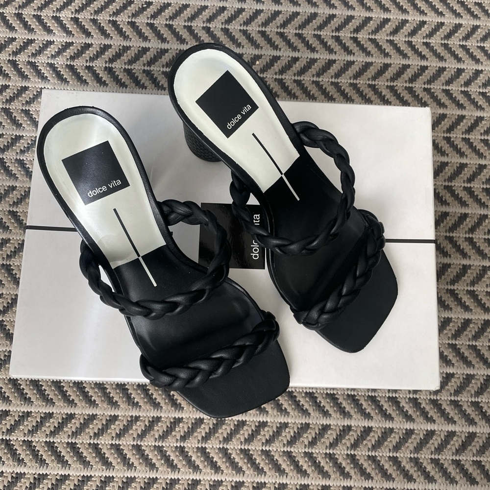 Dolce Vita Black Braided-Strap Square-Toe Heeled Sandals